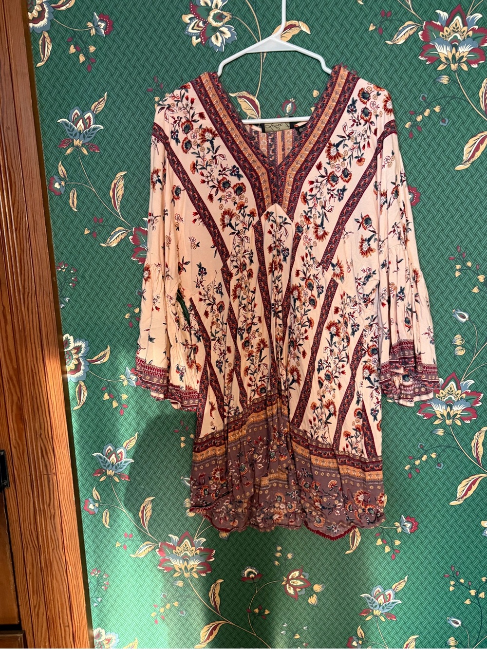 Boho Floral Cream Tunic with Burgundy Trim